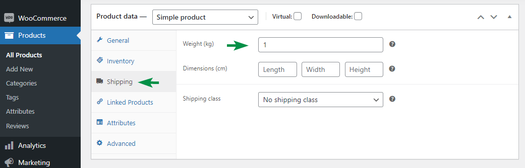 Peso y dimensiones del producto en el apartado de datos del producto