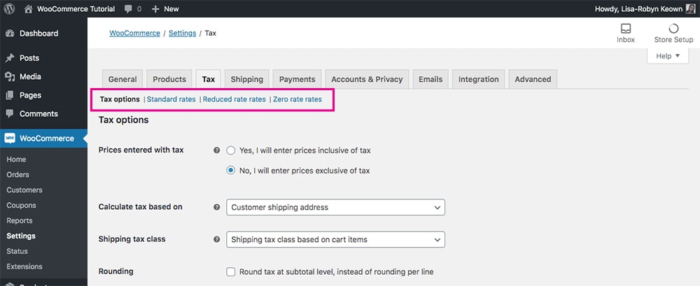 Navegue por la pestaña Impuestos de WooCommerce